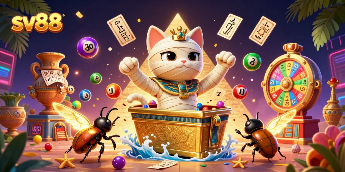 Experience dynamic gaming elements with sv88's colorful casino-themed illustration featuring engaging characters and vibrant lottery games.