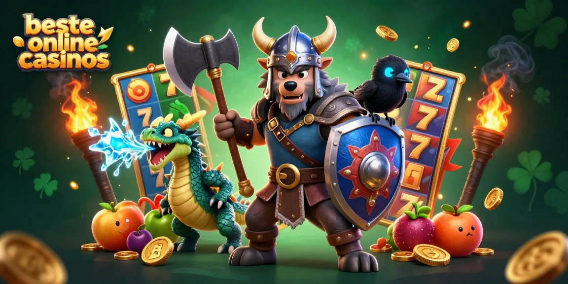Experience the best online casinos with Viking warrior and dragon in a dynamic gaming scene.