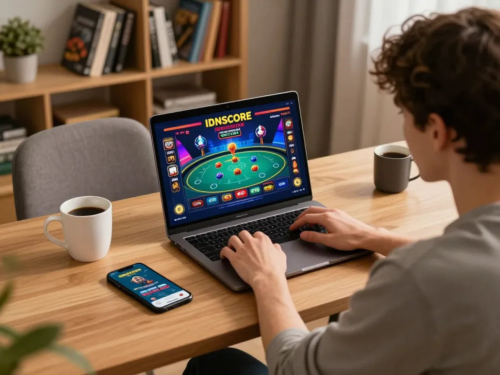 IDNSCORE online gaming experience with player focused on strategic action and mobile app.