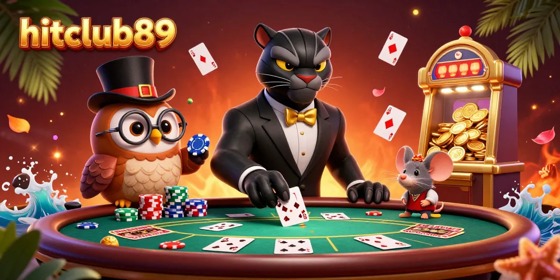 Engage in thrilling casino action with hitclub89; a stylish panther and friends at an energetic poker table.