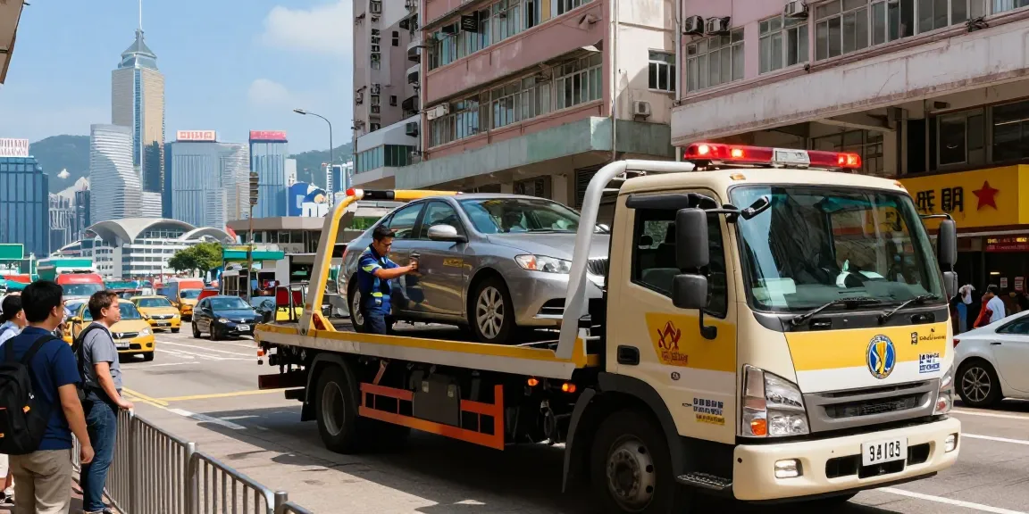 Efficient car towing service Hong Kong, showcasing a tow truck securing a sedan in a bustling city environment.