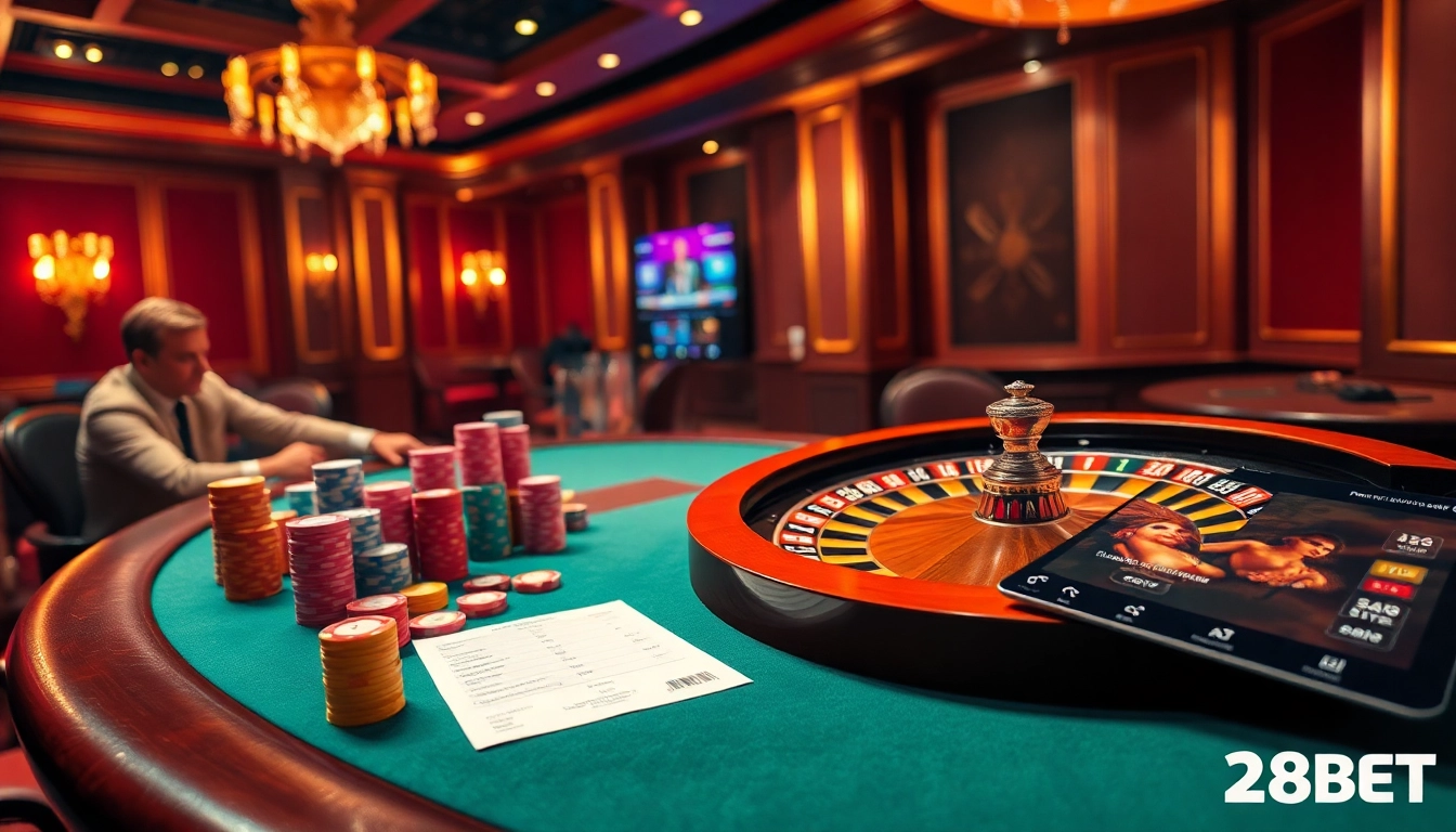 Engaged players at a poker table showcasing 28BET high-stakes gambling action.