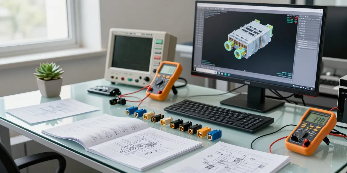 IEC connectors arranged on a glass desk with technical diagrams and tools in an engineer's workspace