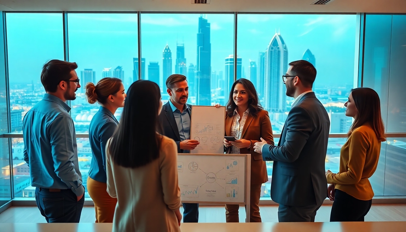 Business setup in Dubai consultation with diverse team collaborating on strategies.