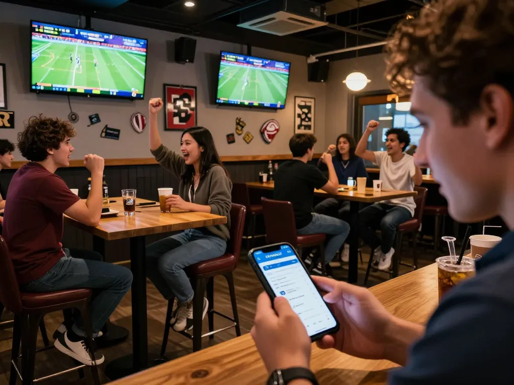 Fans using Livescore app for live sports updates in a vibrant sports bar atmosphere
