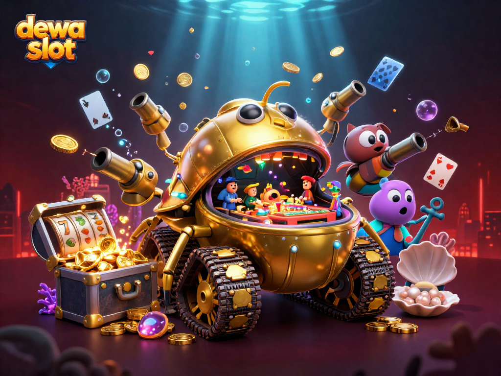 Gali kemenangan di dewa slot yang menampilkan mesin slot berkilau dan koin emas bertebaran.