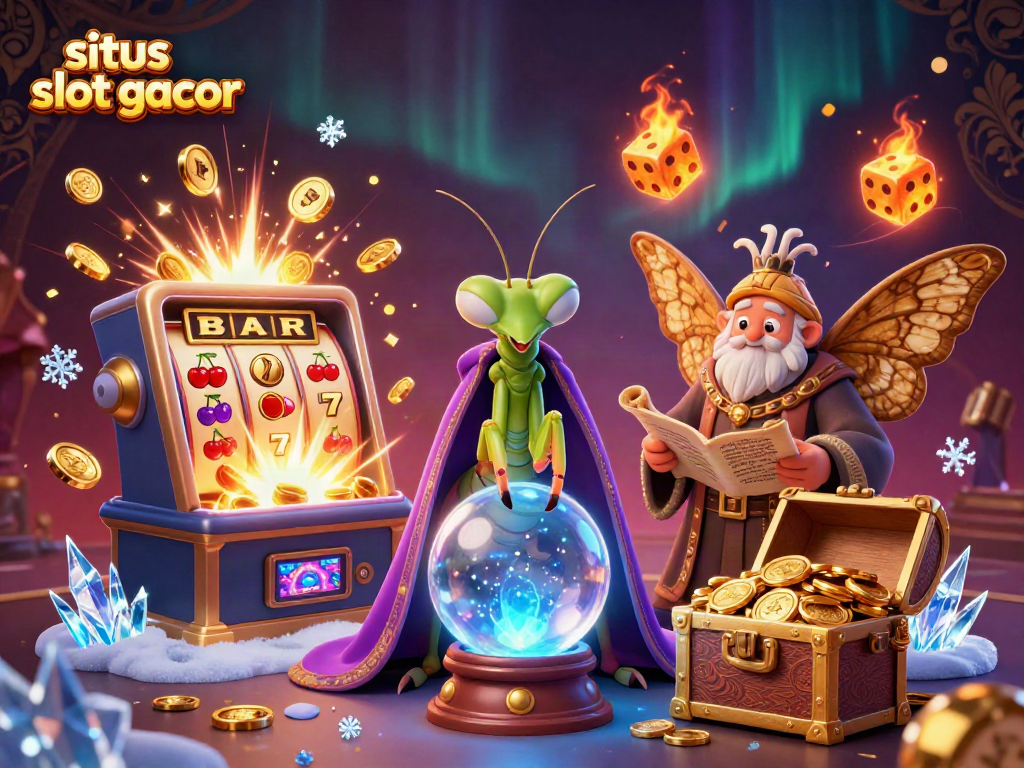 Experience situs slot gacor with a vibrant 3D illustration of fortune teller characters and slot machines.