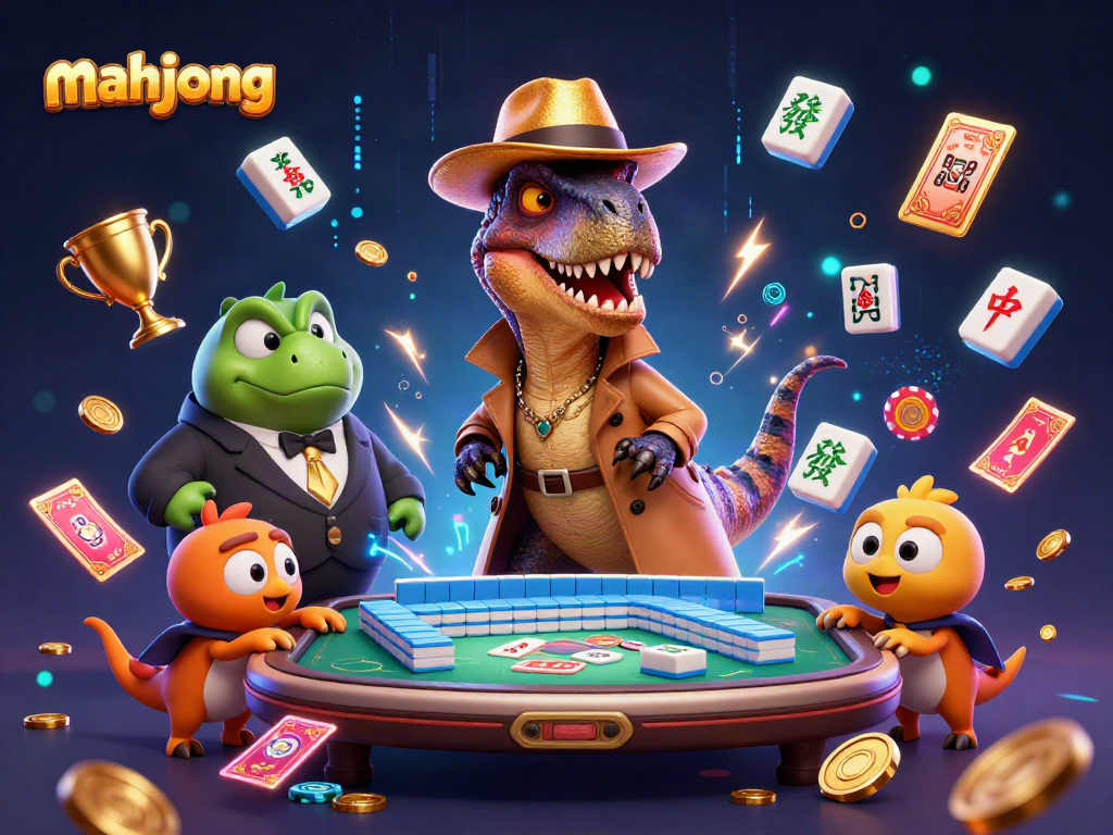 Play mahjong with a stealthy velociraptor and sneaky compy at a vibrant casino table.