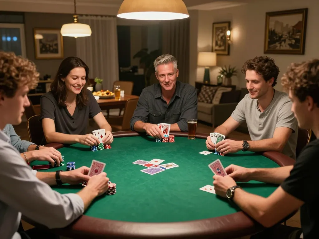 Players engaging in a friendly poker game during a home night, showcasing MM88 strategies in action.