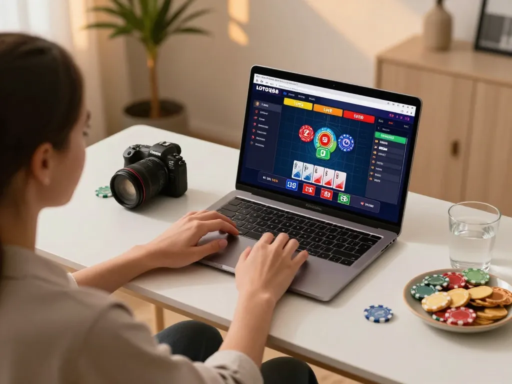 Engaging online gaming scene with LOTO188 SO platform, showcasing live dealer gameplay on laptop.