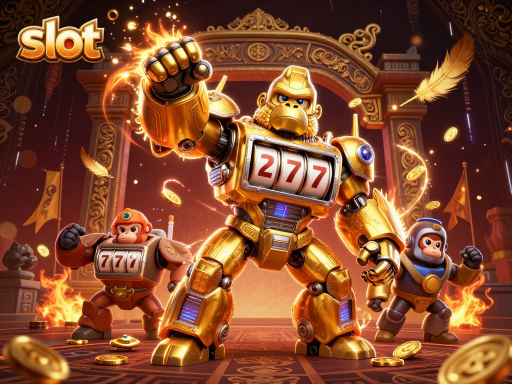 Engage with the dynamic slot scene featuring a golden gorilla mech amidst coins and vibrant elements.