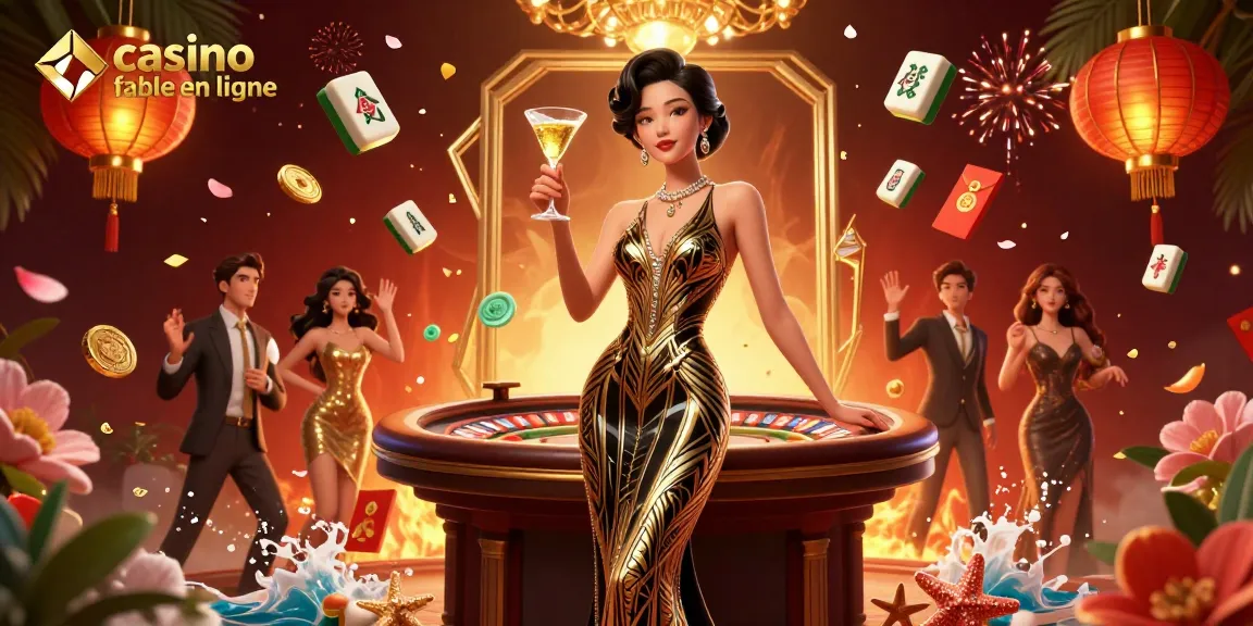 Découvrez casino fiable en ligne avec une scène glamour d'une femme élégante au milieu d'éléments festifs de casino.
