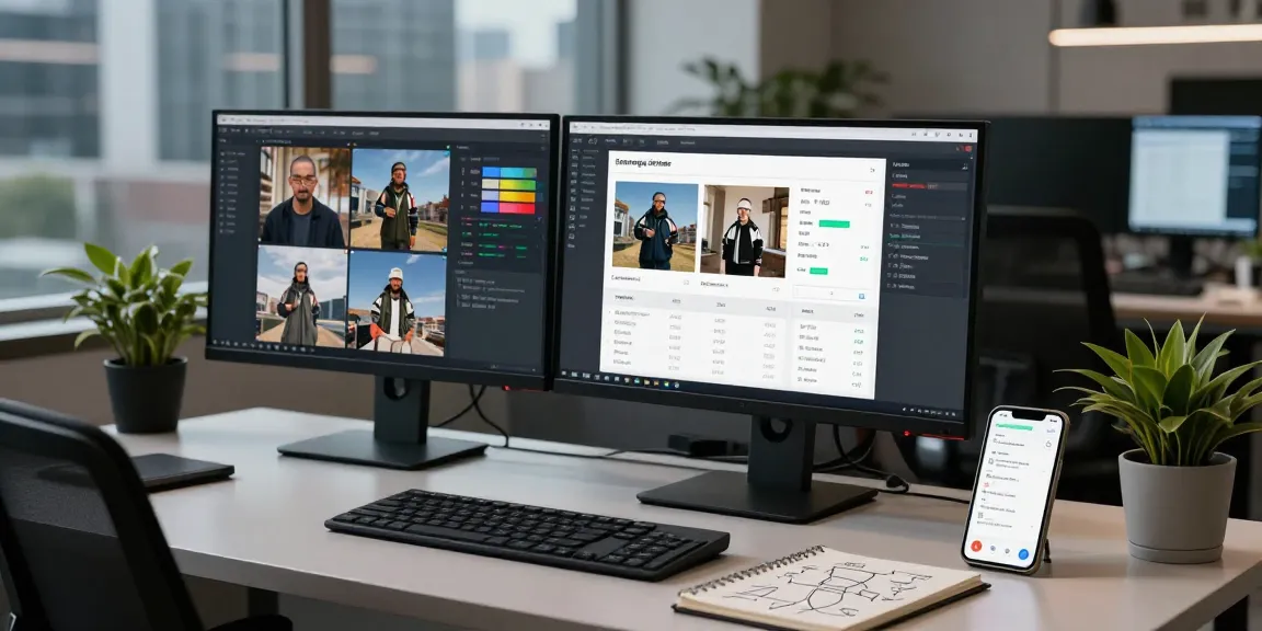 Engaged data analyst using the ai image checker in a modern office, with dual monitors displaying image analytics.