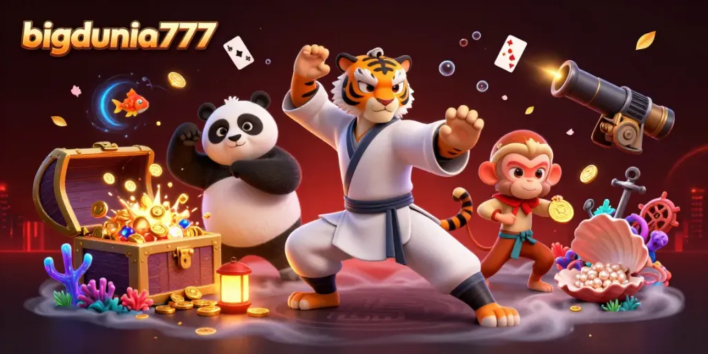 Engage with bigdunia777 gaming strategies illustrated with kung fu characters and vibrant casino elements.