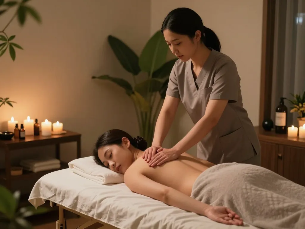 Warm and inviting atmosphere showcasing 역삼동마사지 with a therapist delivering a soothing massage in a tranquil spa setting