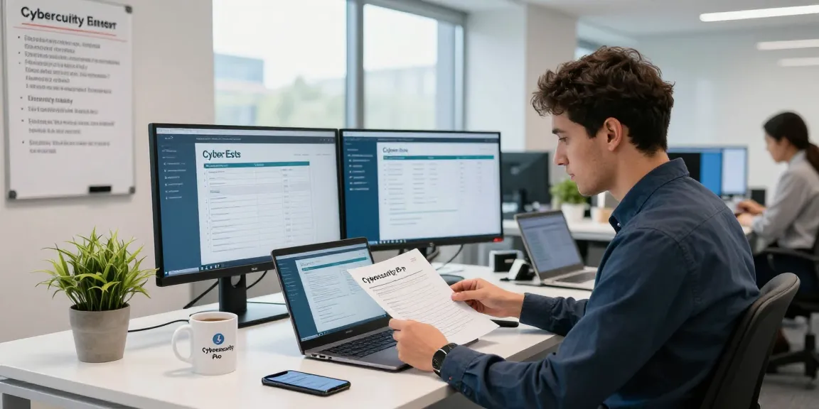 Cyber essentials assessor reviewing compliance documents in a modern office workspace with dual monitors.