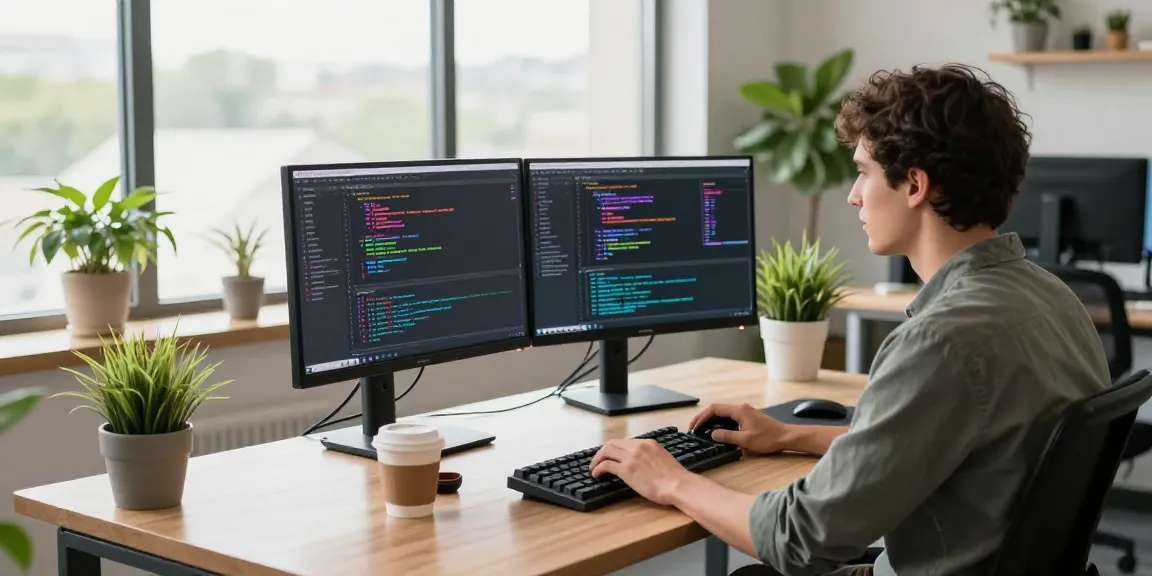 Dynamic workspace showing a developer programming with code on dual monitors, embodying the essence of 纸飞机中文版 in a tech environment.