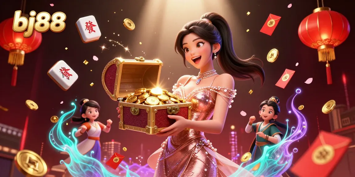 Experience winning at bj88 with vibrant treasures and dynamic gaming elements in this stunning digital scene.