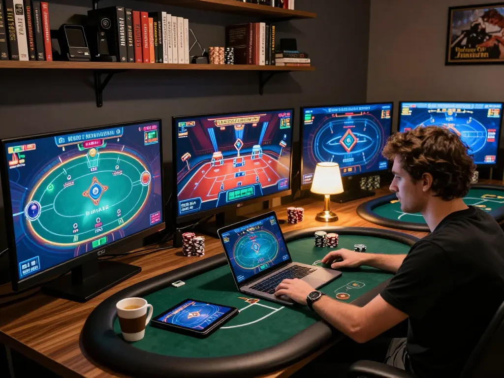 Situs Leci123 menampilkan pengaturan poker online yang menarik dengan beberapa layar dan pemain yang fokus