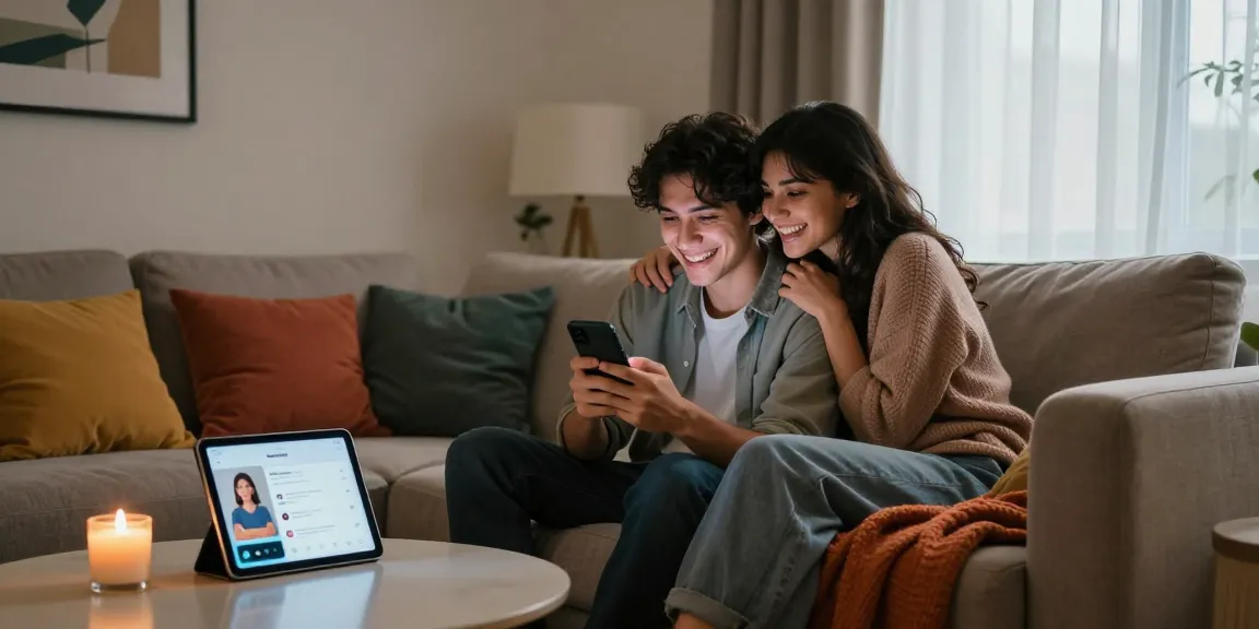 Sexting AI fosters romantic connections in a cozy modern setting with a couple sharing laughter.