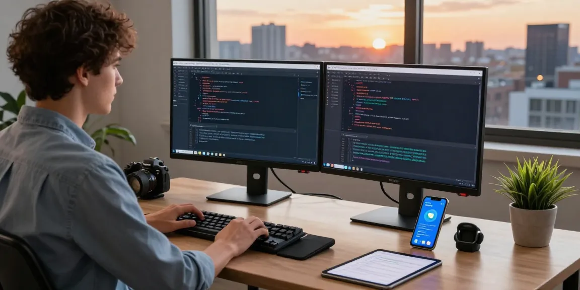 Developer using Telegram中文 coding interface on dual monitors in a modern workspace