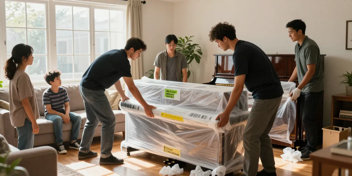 men on mission movers carefully packing a piano in a sunny living room