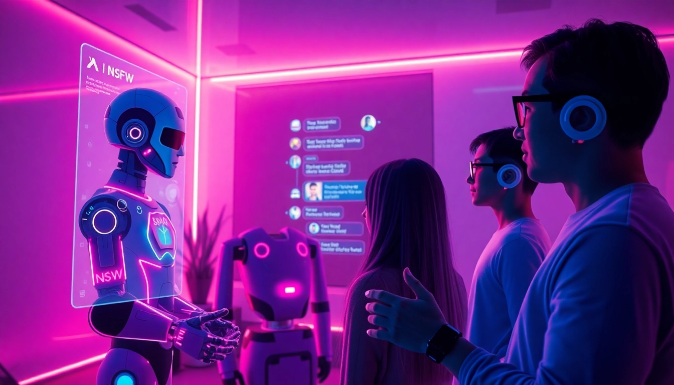 Interactive NSFW AI chatbots in a modern digital environment, showcasing advanced technology and vibrant user engagement.