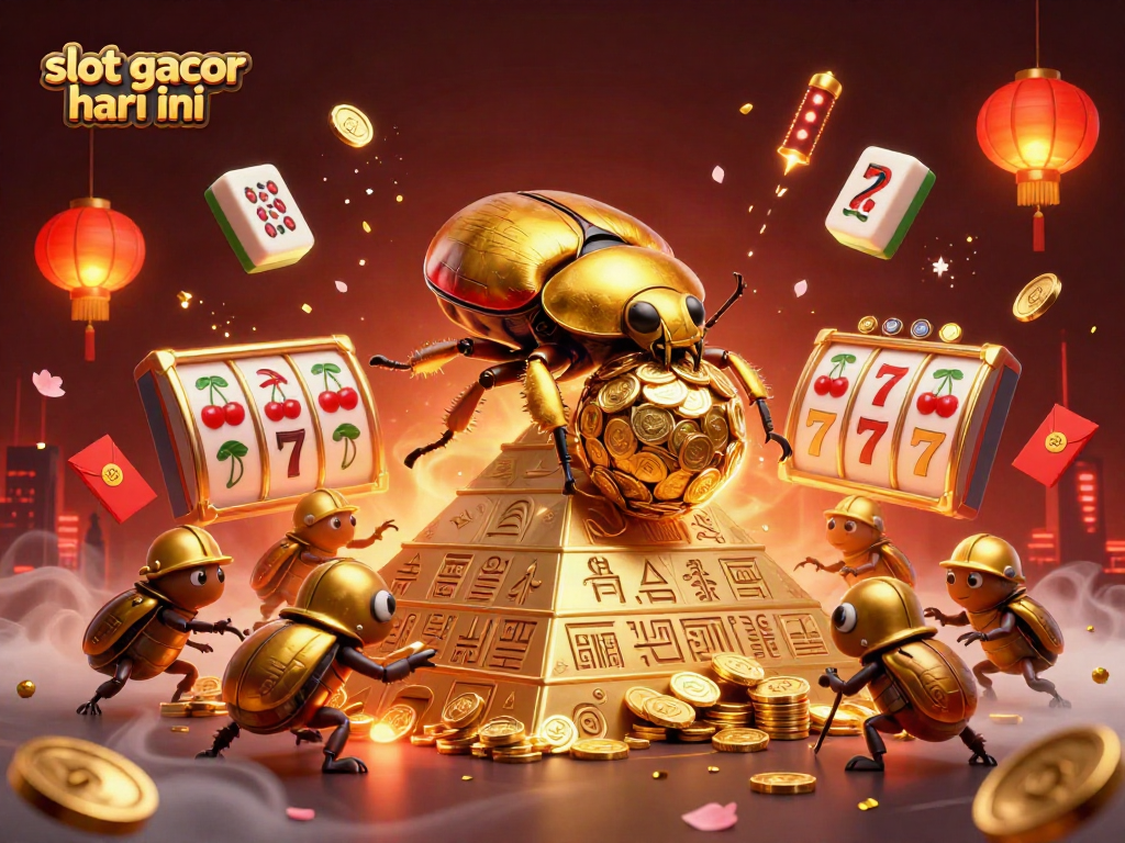 Engage with the slot gacor hari ini scene featuring golden beetles and casino symbols amid dynamic decorations.