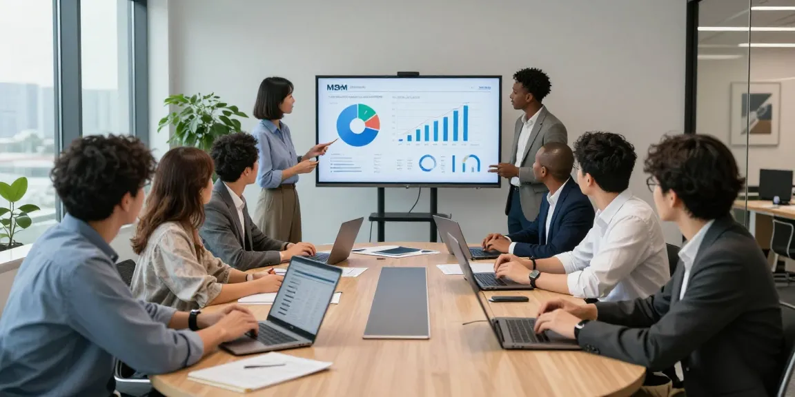 Team collaborating on MBM performance metrics in a modern conference room.