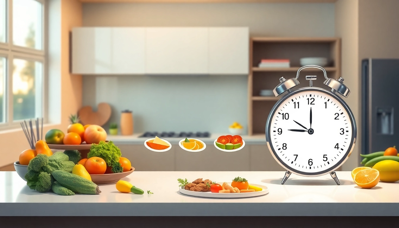 Illustration showcasing intermittent fasting with a creative timeline and healthy foods set in a bright kitchen.