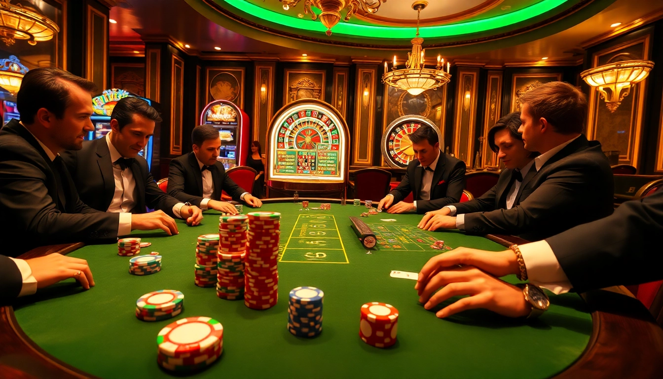 Scène intense de jeu de poker dans un luxueux casino en ligne Français avec des joueurs excités et des jetons colorés.