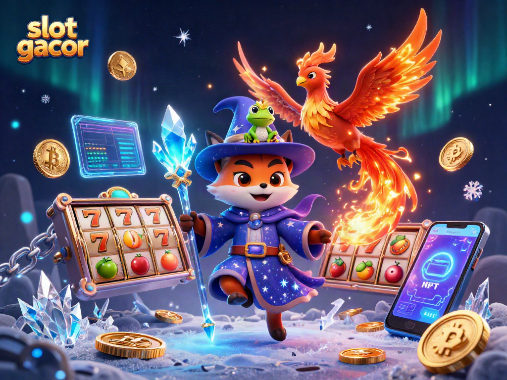 Experience thrilling slot gacor gameplay with a mystical wizard, phoenix, and a crowned frog in this vibrant casino scene.