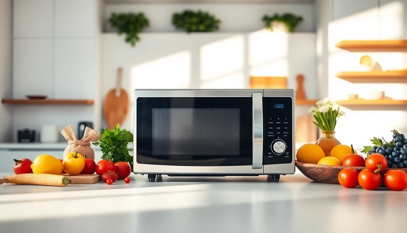 Microwave oven displayed in a bright kitchen, showcasing its modern design and surrounding ingredients.