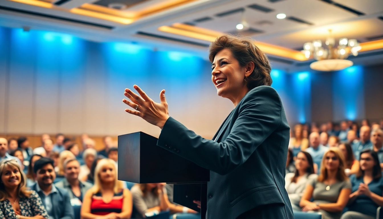 Motivational Speaker engaging a captivated audience in a bright, dynamic setting.