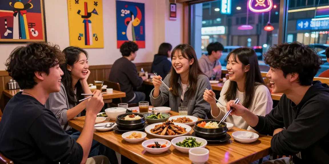 Dining scene at 상봉동 한국관나이트 featuring friends enjoying traditional Korean dishes in a lively atmosphere.
