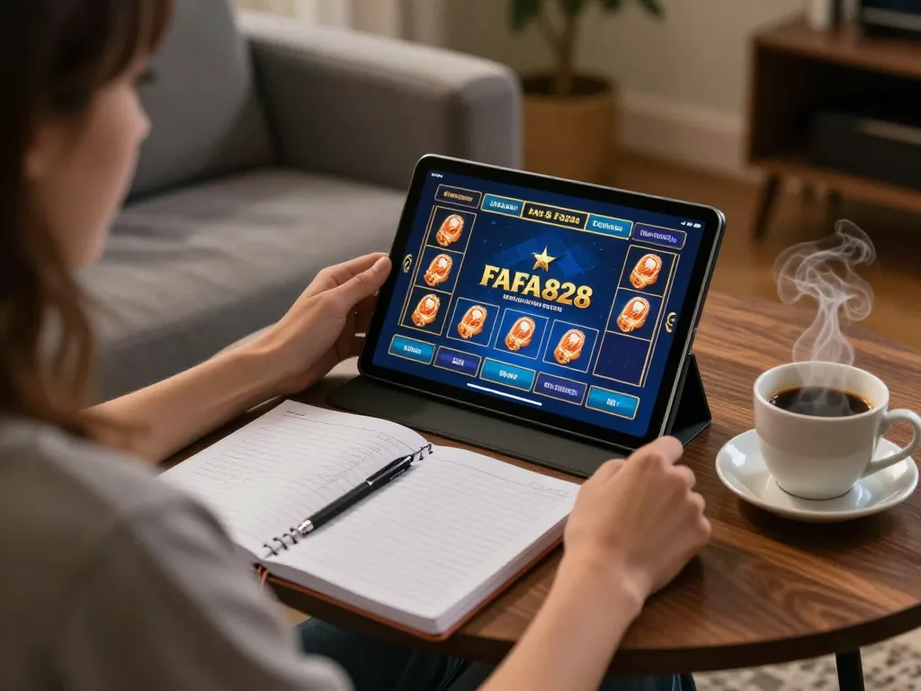 Player enjoying online gaming experience with FAFA828 on tablet in a cozy home setting