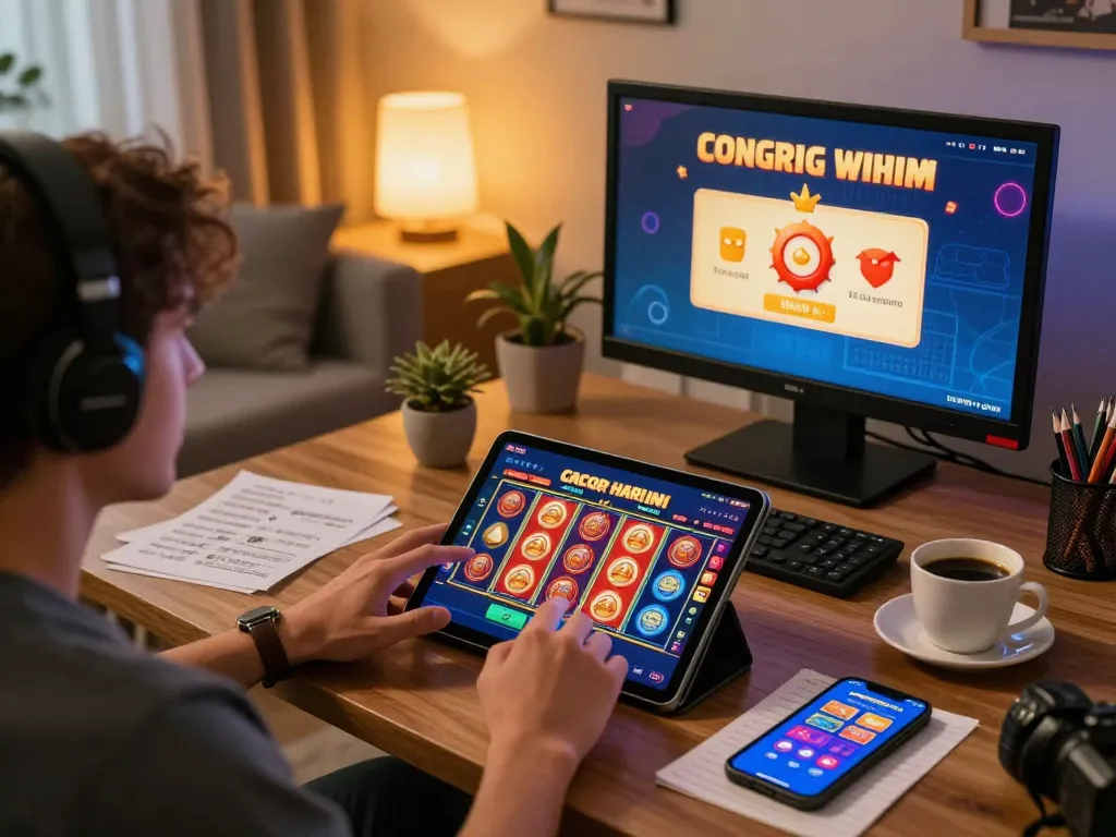 Engaging player enjoying slot gacor hari ini on tablet in cozy home setting.