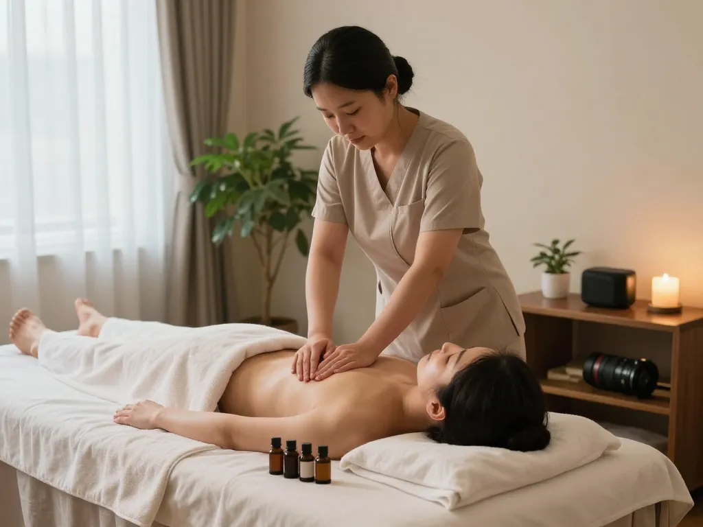 전문 마사지사가 있는 평화로운 스파 환경에서의 편안한 신사동 마사지 치료 세션.