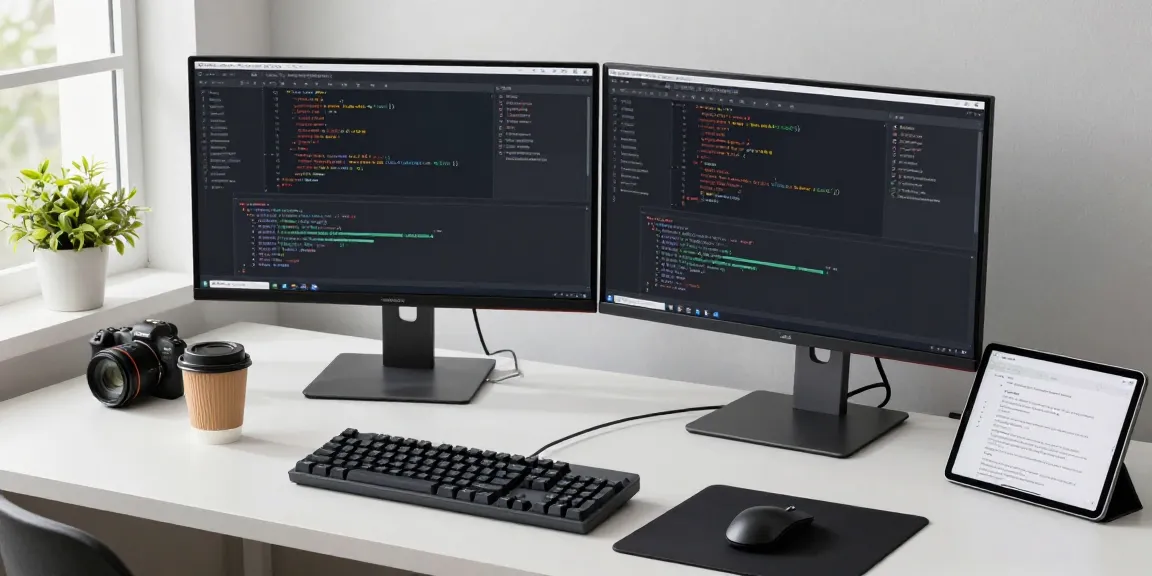 Focused developer coding on 纸飞机中文版 app with dual monitors in a modern workspace.