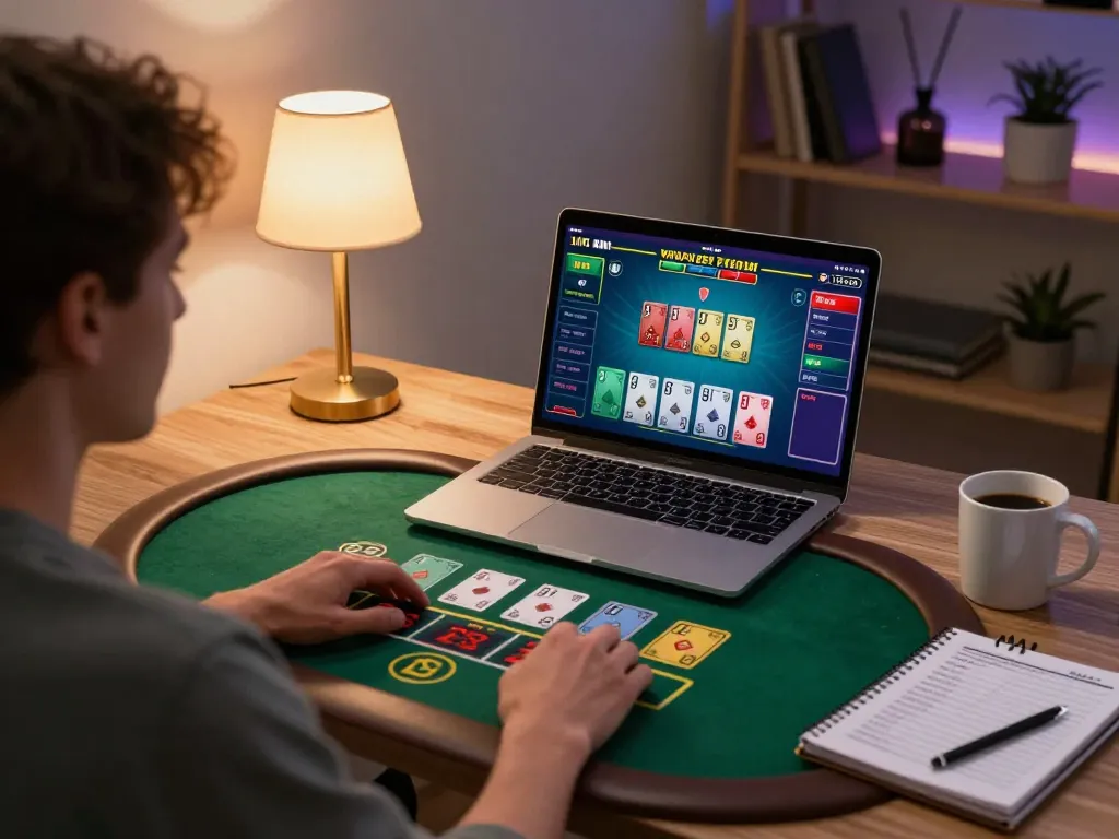 w188 player engaging in live dealer blackjack on laptop in stylish home setup