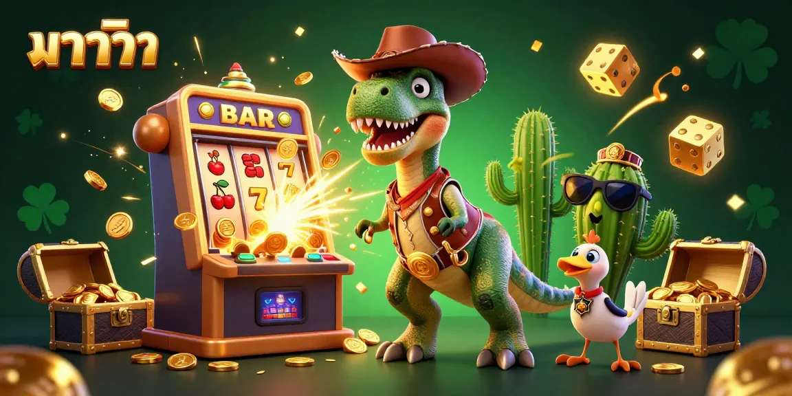 Experience บาคาร่า gameplay with a thrilling scene featuring a T-Rex, slot machines, and vibrant casino elements.