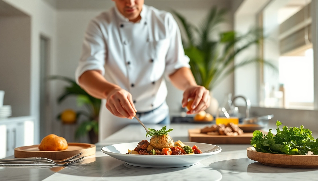 Chef presenting an exquisite dish, representing Sint Maarten private chef culinary excellence.