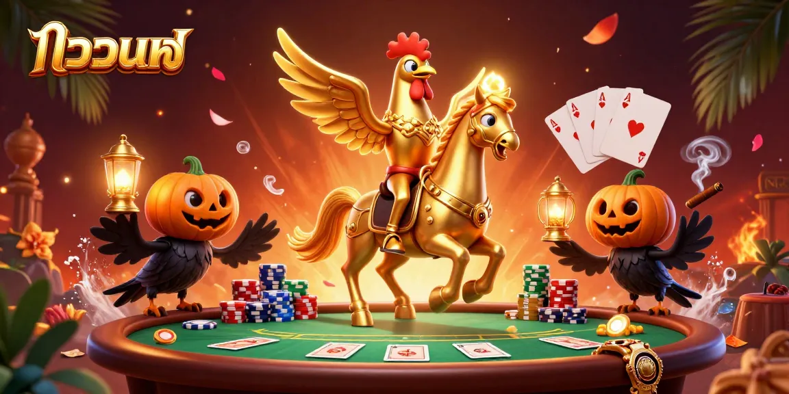 Experience thrilling แทงบอล action with a golden rooster and spectral horse in a vibrant casino scene.