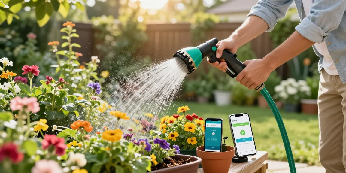 Using the best hose nozzle to water a lush garden filled with colorful plants.