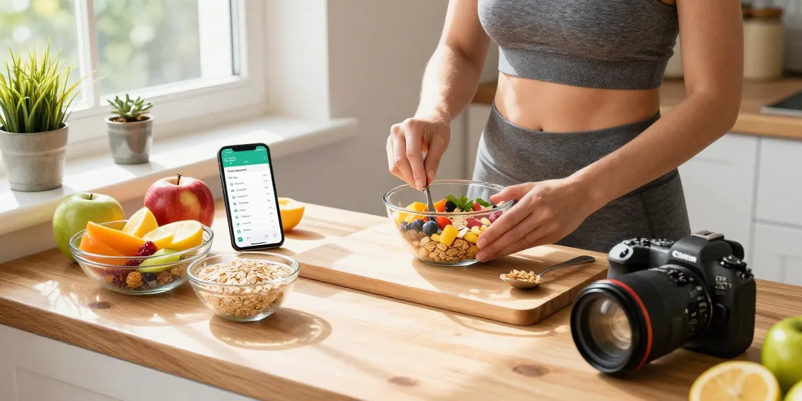 Achieve nutrition goals with the best calorie tracker app displayed in a bright kitchen scene.