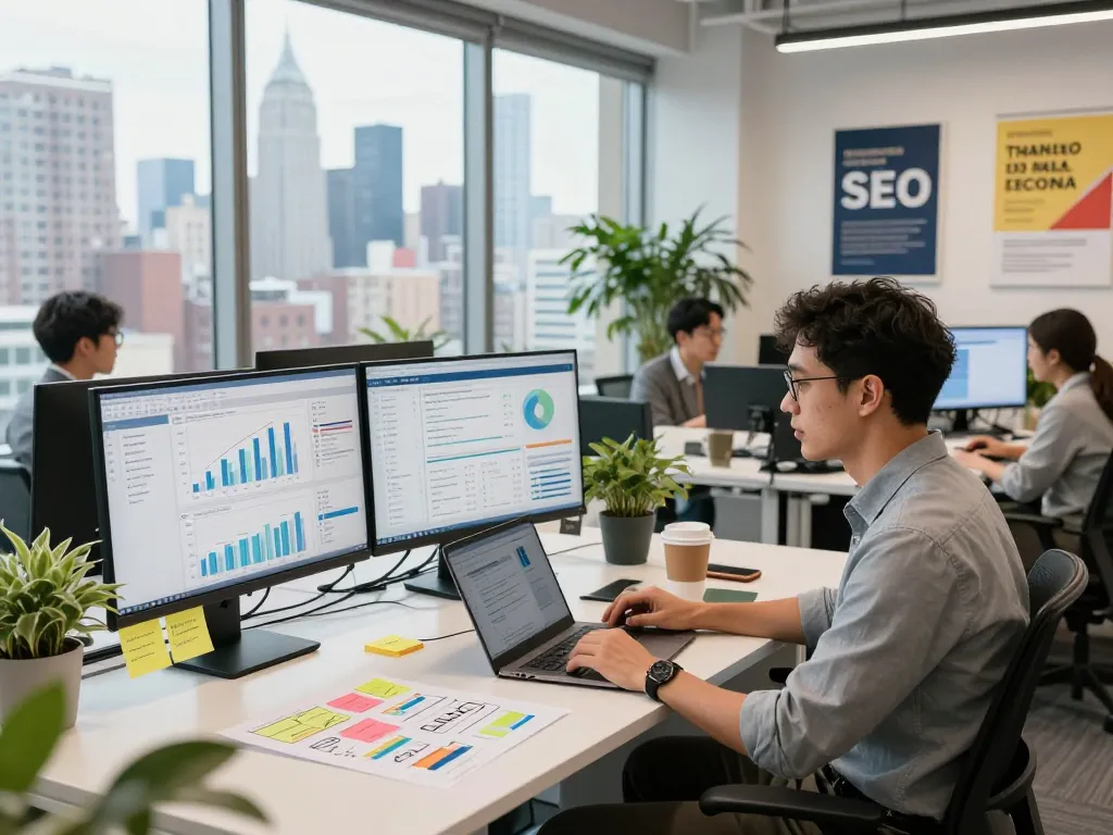 Dynamic scene at the Best SEO Company NYC showcasing team collaboration and data analysis in a modern office.