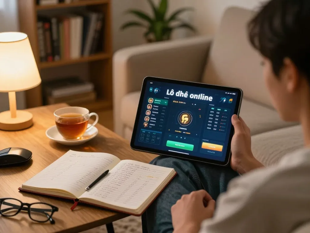Lô đề online gameplay with a user focused on their tablet in a cozy home setting, capturing strategic betting elements.