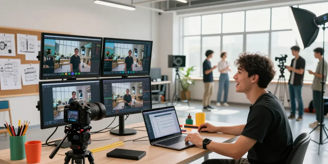 Creative team member using Seedance AI to direct a dynamic video shoot in a bright studio setting.