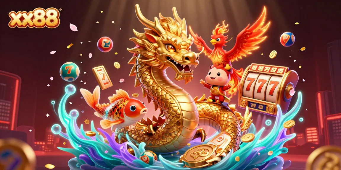 Experience the thrilling rewards of xx88 as a golden dragon and phoenix soar through a vibrant gambling scene.