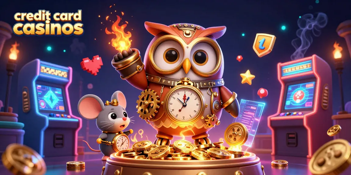 Explore credit card casinos with a vibrant 3D illustration showcasing a steampunk owl and engaging gaming elements.
